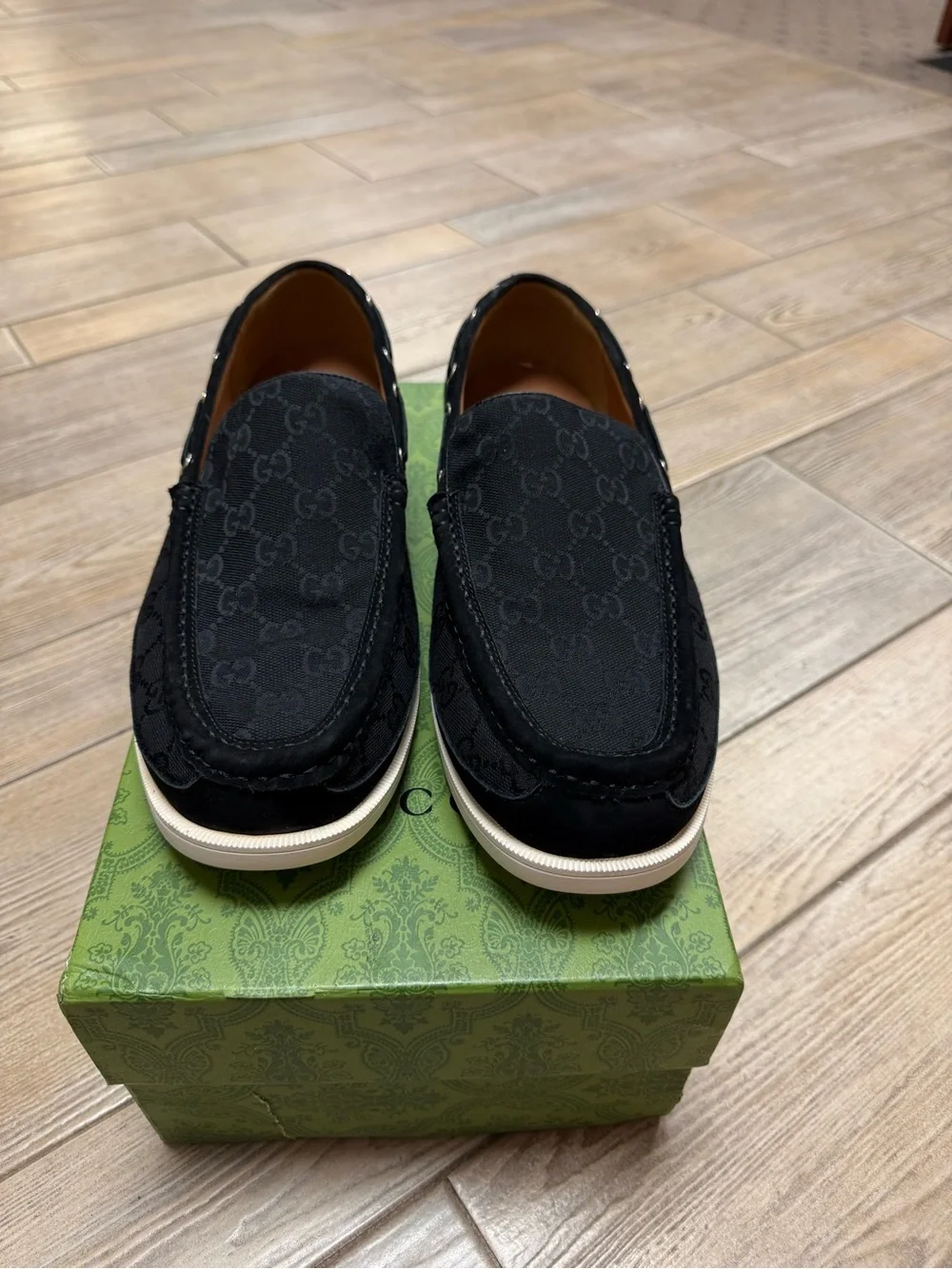 Gucci Black GG Canvas Slip-On Loafers